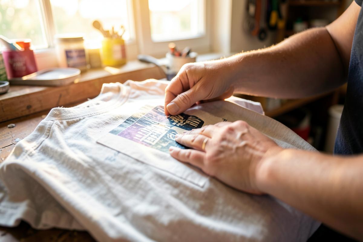 Handen die een print op een shirt aanbrengen in een werkplaats