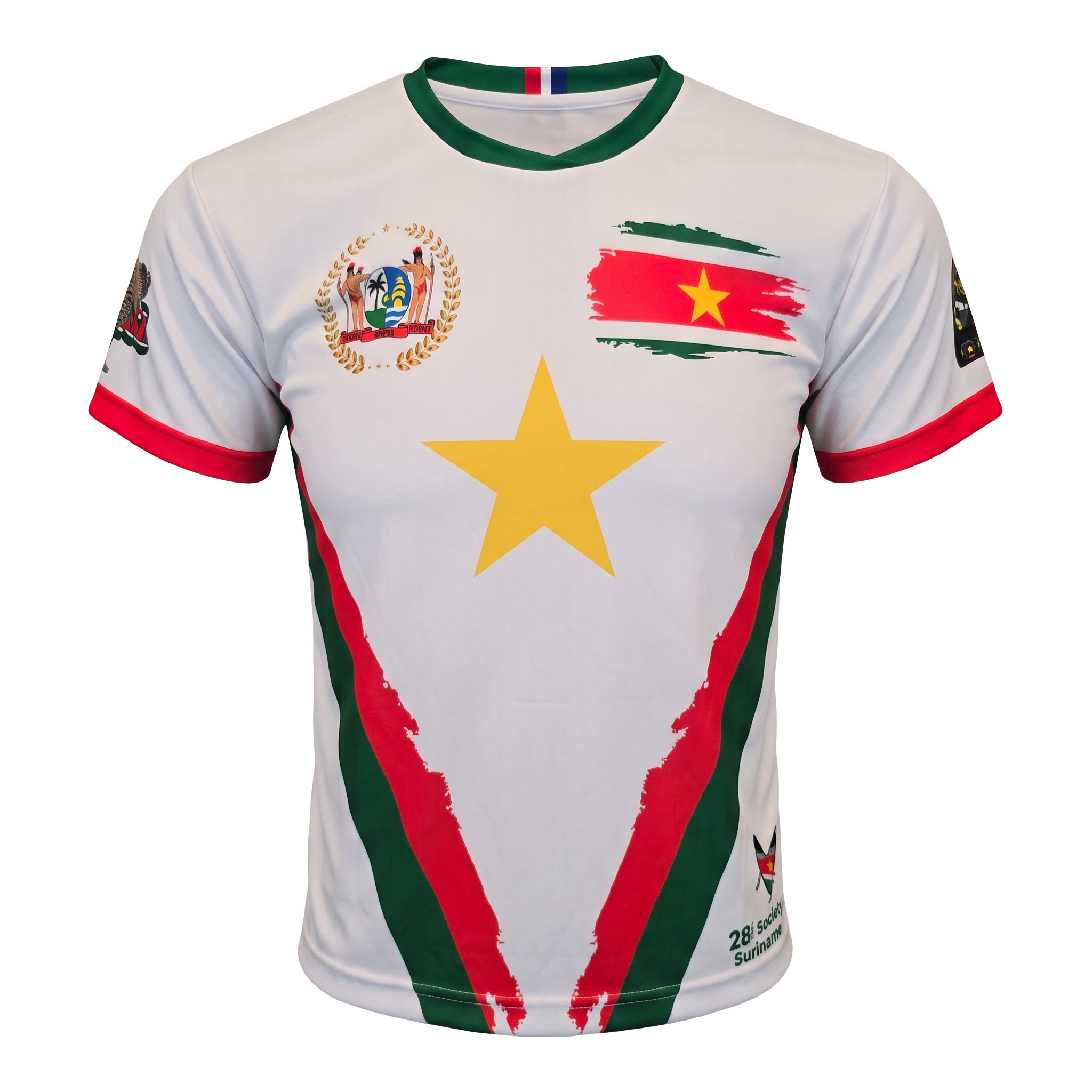 Wit Suriname-shirt voorkant met gele ster, vlagprint en wapen