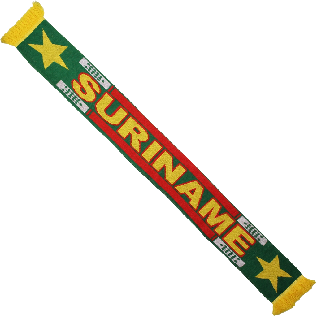 Suriname sjaal in groen, rood en geel met sterren en de tekst SURINAME